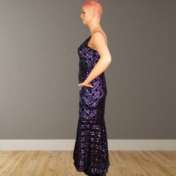 ELIZA J size 14 black sequined thin-strap full-length gown 100% nylon dry clean - Picture 7 of 12
